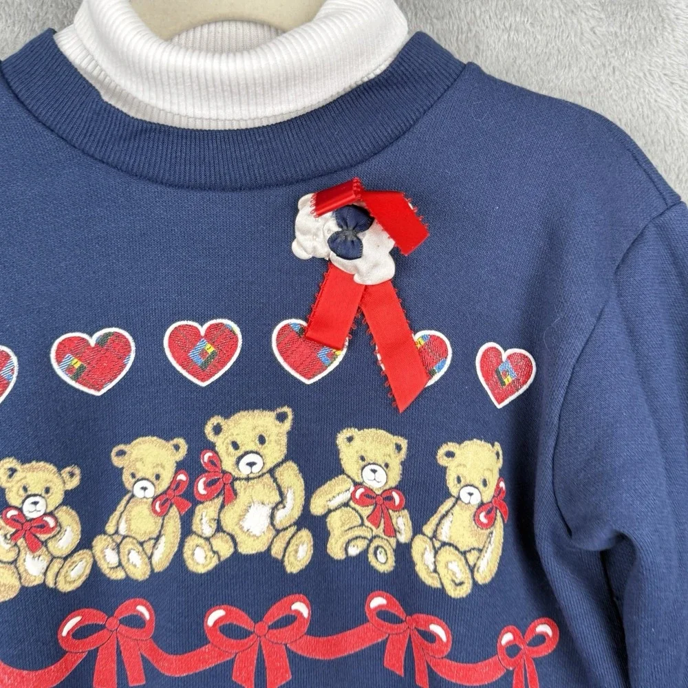In Design Sweatshirt Girls 6X‎ Teddy Bears Hearts Bows Turtleneck USA Made VTG